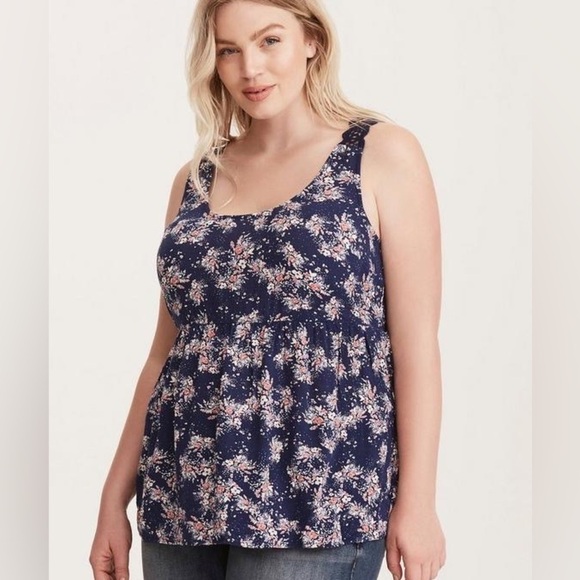 Torrid Floral Print Crochet Trim Babydoll Top tank navy pink 2X flowy boho - Picture 2 of 7